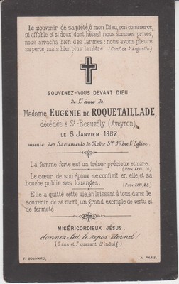 1882 Mémento Frau Jules de ROQUETAILLADE geboren Eugénie OLIER Saint-Beauzély Aveyron