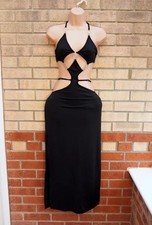 Mika black cut out chain strappy sexy club bodycon long midi party dress 12 M