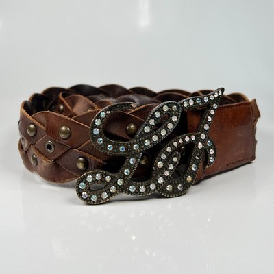 Liu Jo Brown Leather Belt Crystal LJ Logo Buckle Studded Italy Size S Vintage Lo