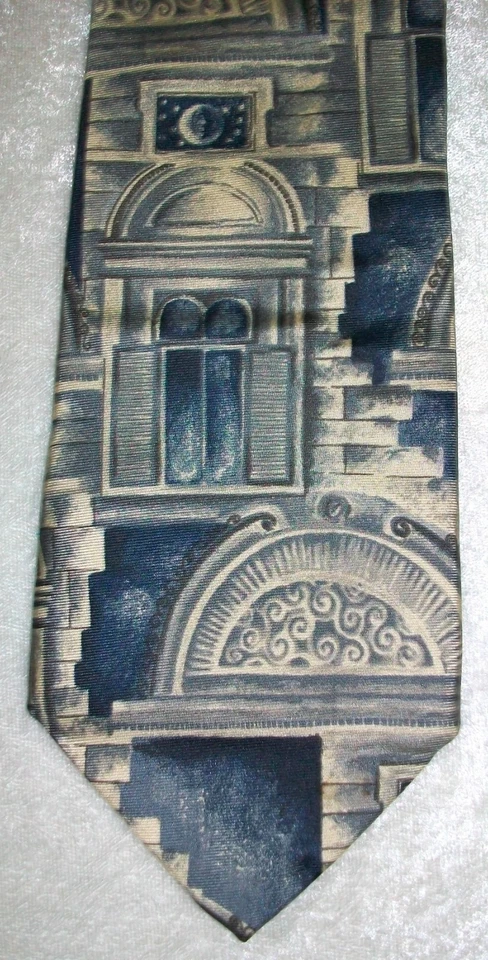 Corbata de seda vintage Etienne Aigner azul beige edificios neoclásicos EE. UU. Foto 2 de 4
