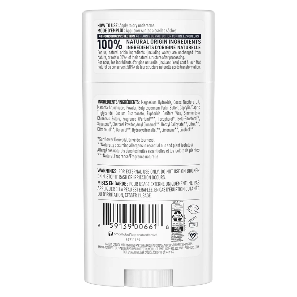 Desodorante vegano sem alumínio Schmidt'S carvão e magnésio com odor de 48 horas P - Imagem 2 de 4