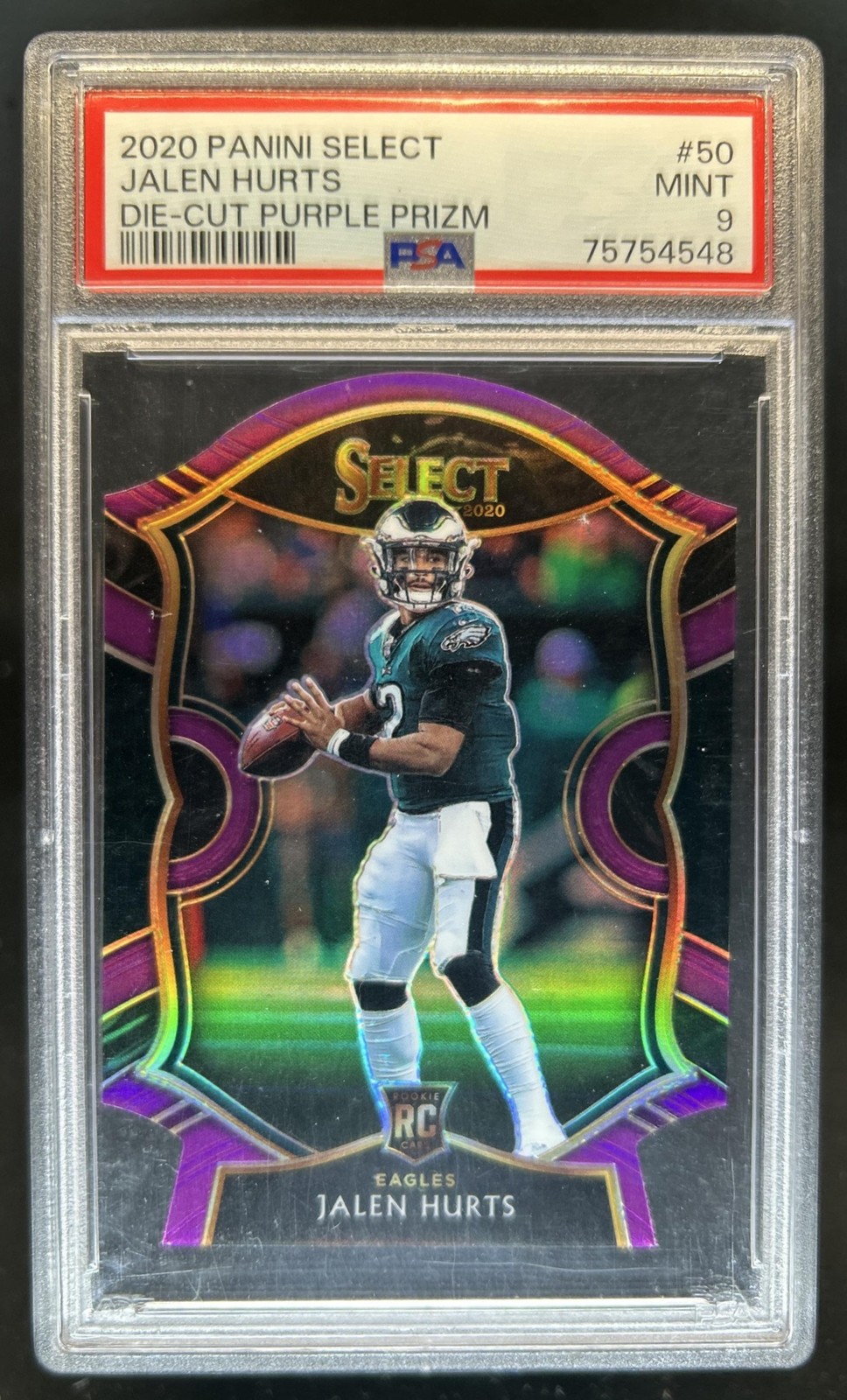 2020 Panini Select Jalen Hurts Purple Prizm Die Cut RC Concourse #50 PSA 9