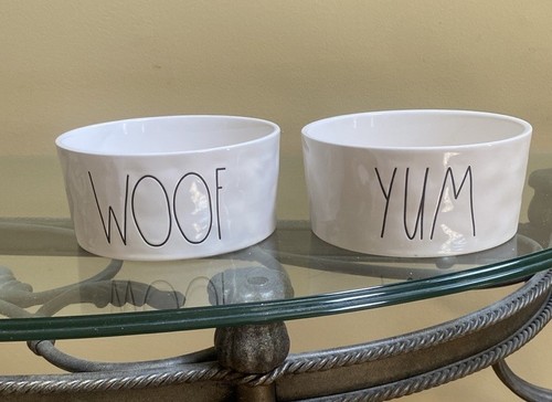 New 2x RAE DUNN DOG WOOF, YUM OFF WHITE CERAMIC FOOD, SNACK, WATER BOWLS