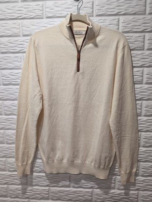 Collars & Co Sweater Mens Medium Cream w Brown Cotton Cashmere 1/4 Zip Preppy
