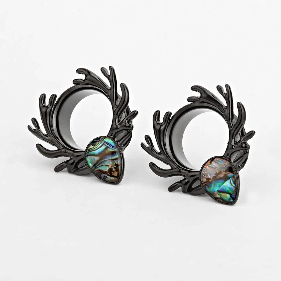 (1 Pair Black Sea-shell Forest Antlers Slivery Opal Ear Plugs Tunnels Gauges ... - Image 4 of 4