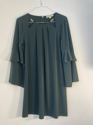 Michael Kors Teal Jersey Shift Dress Gold Chain Accent Ruffle Sleeve Size L