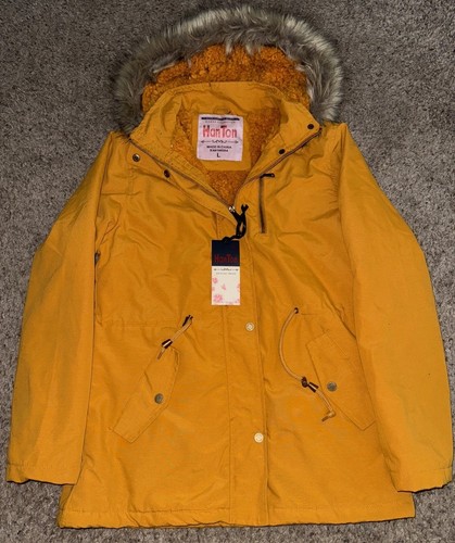 HanTon Fur Trim Hood Full Zip Parka, Women's Size L Yellow/Mustard