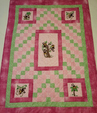 NEW HANDMADE BABY BOY GIRL CRIB QUILT THROW MONKEYS PIECED EMBROIDERED PINK