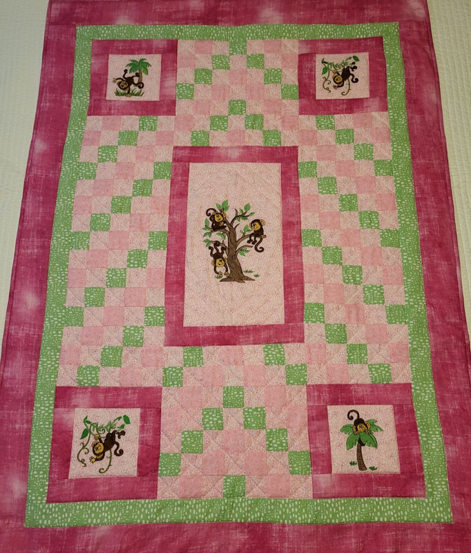 NEW HANDMADE BABY BOY GIRL  CRIB QUILT  THROW  MONKEYS PIECED EMBROIDERED PINK