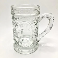 Vintage Clear Glass Beer Mug Embossed Cameo Grapes Leaves Branch Handle
