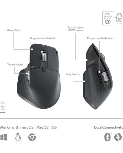 Logitech MX Keys S Combo für Mac, Kabellose Tastatur, Maus, Handballenauflage - Grau - Bild 5 von 9