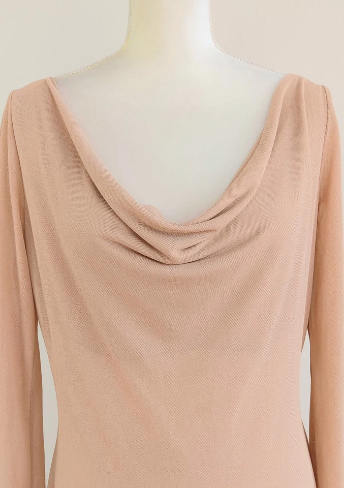 размер 14 ALBERTA FERRETTI голая плоть трикотажа сетки капот шеи длинное вечернее платье Италия - Изображение 4 из 4