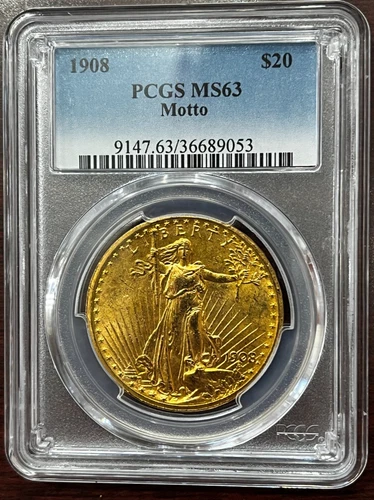 1908 St. Gaudens $20 Gold Double Eagle WITH MOTTO PCGS MS63