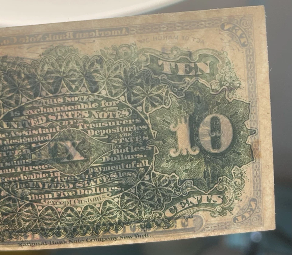 NICE 1863 US 10 Cents Fractional Currency 4th Issue ALMOST UNCIRCULATED PQ+ - Image 3 of 4