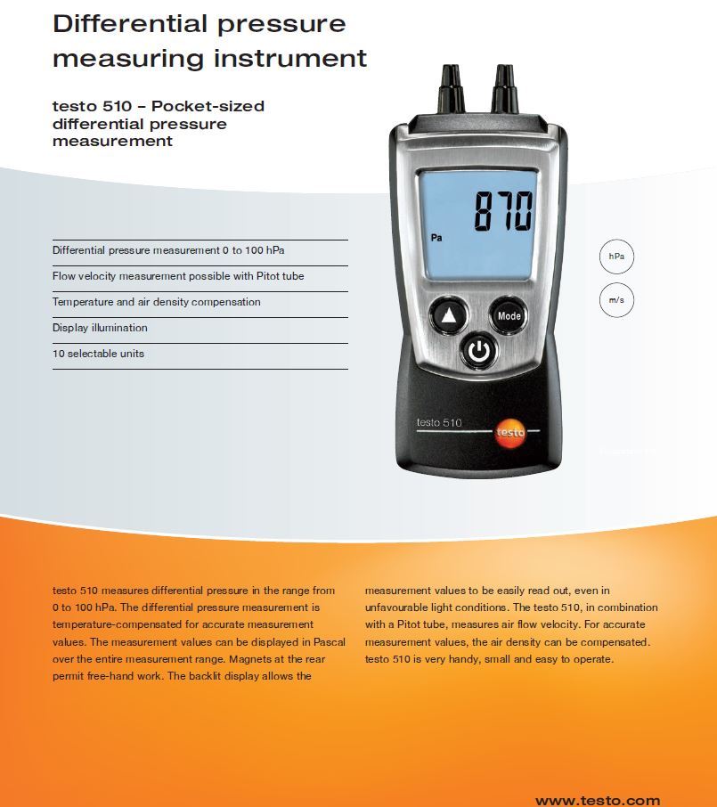 GENUINE TESTO 510 POCKET DIFFERENTIAL PRESSURE METER 0 to 100 hPa