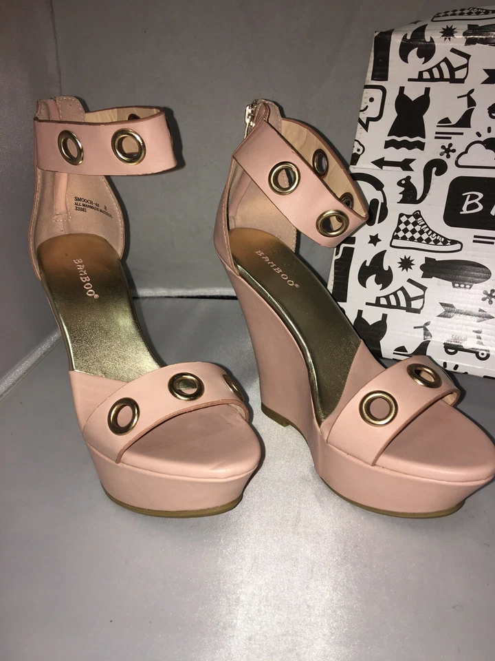 Bambú Scooch-48 Mujer Wegde Punta Abierta Rosa Tacones Foto 2 de 4