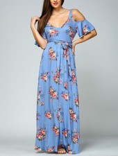 Plus Size Blue Floral Cut Out Cold Shoulder Boho Maxi Dress Sundress XL 1X
