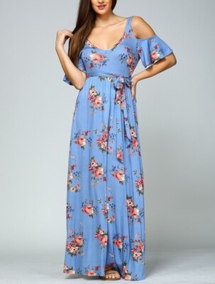 Plus Size Blue Floral Cut Out Cold Shoulder Boho Maxi Dress Sundress XL 1X  | eBay