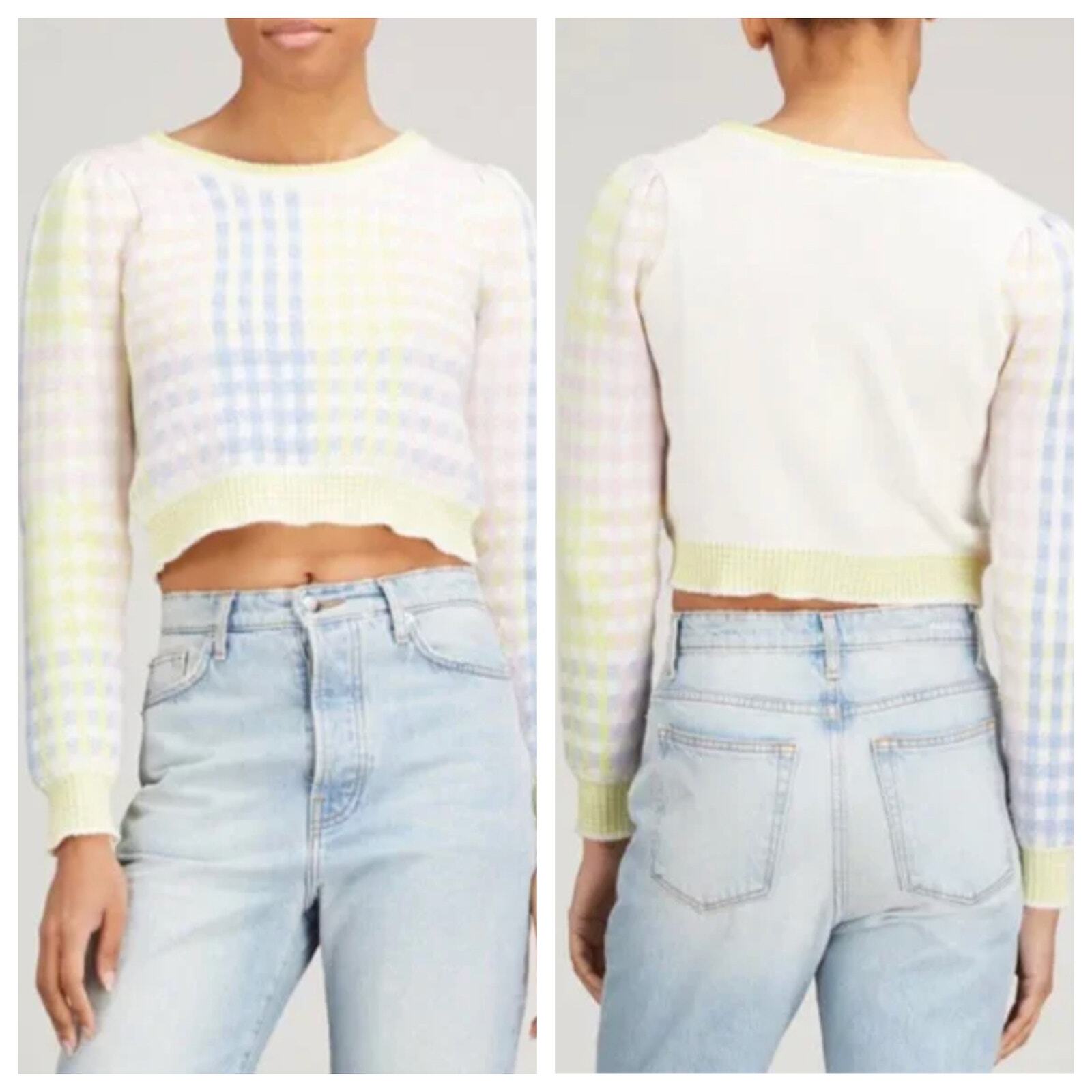 LoveShackFancy Dolana Crop Pullover in Mint Jelly Multi Plaid Size Medium