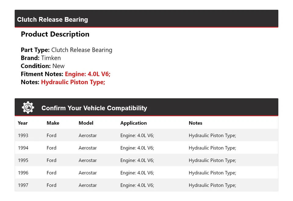 Cojinete de liberación de embrague Timken 1994 1995 1996 para Ford Aerostar 1993-1997 4,0 L V6 Foto 2 de 4
