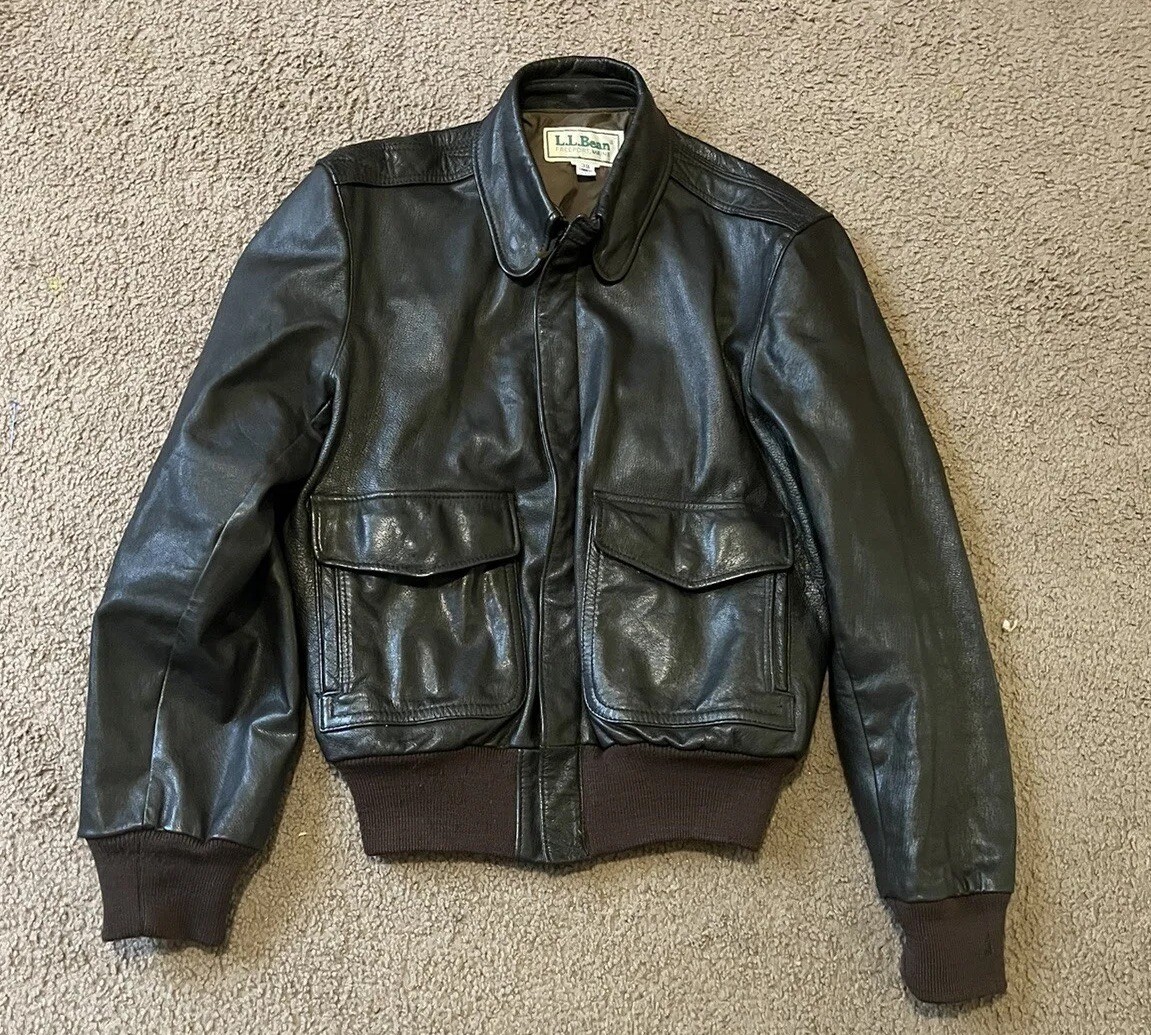 Vintage LL Bean Leather Goatskin Bomber Jacket Dark Brown USA Made 38
