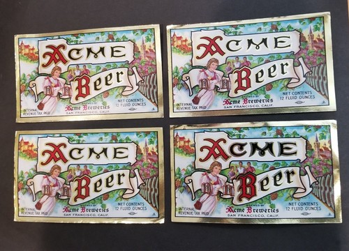 4 UNUSED IRTP ACME FOIL BEER BOTTLE LABELS, SAN FRANCISCO, CALIF.