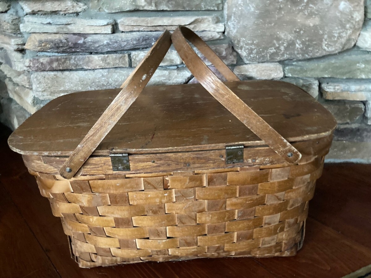Vintage Handmade Hand Woven Wooden Picnic Basket 18 x 12 x 9 | eBay