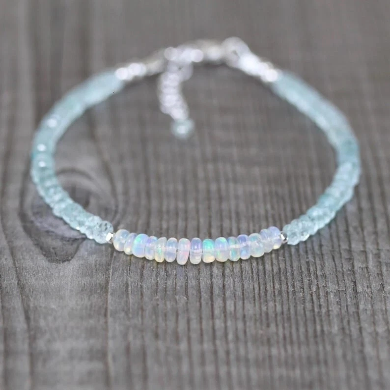 Natürlicher Opal & Aquamarin facettierte Rondelle Edelstein Perlen Frauen Arm... - Bild 2 von 4