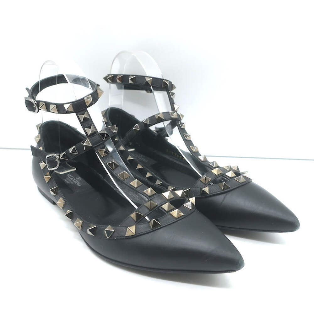 Valentino Noir Rockstud Caged Ballet Flats Black Leather Size 37.5