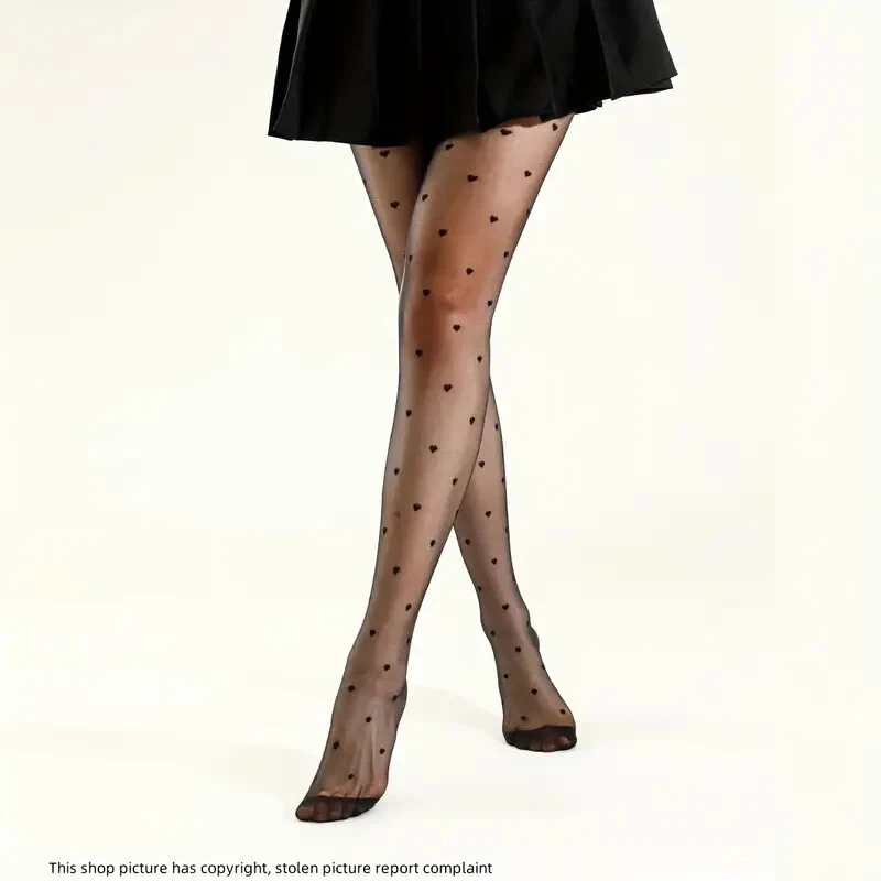 Mujeres Elegantes Medias de Nailon Transparente con Patrón de Corazón, Lo último Sexy Pantimedias Foto 3 de 4