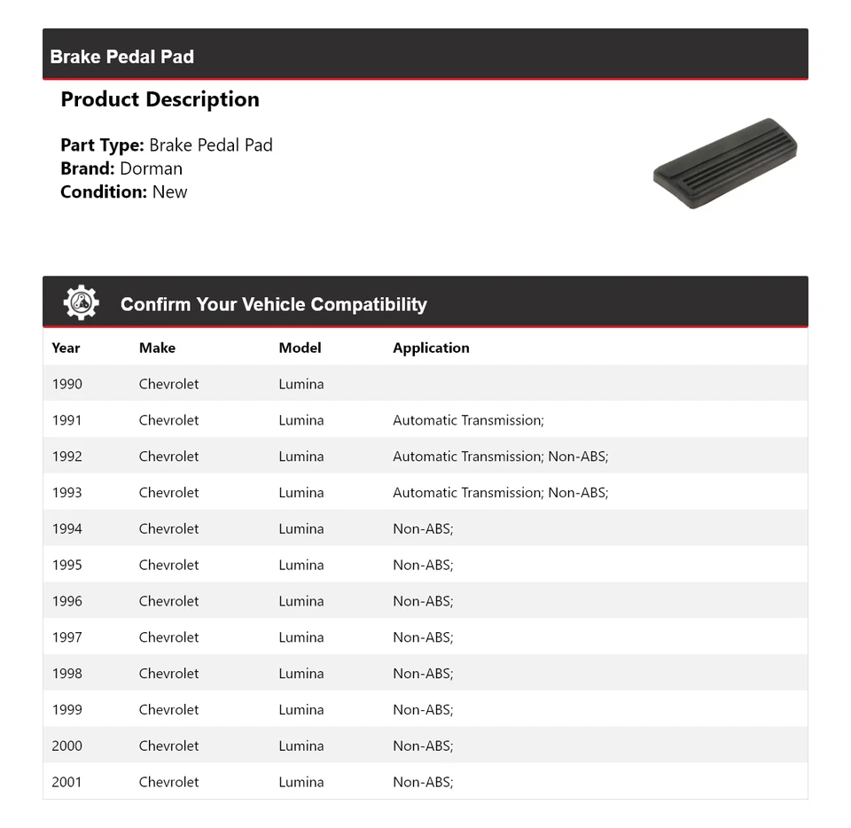 Pastilla de pedal de freno para Chevrolet Lumina Dorman 1990-2001 1991 1992 1993 1994 1995 Foto 2 de 4