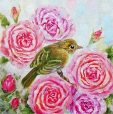Bird and Roses Original Oil Painting - Bird and Flowers Small Art