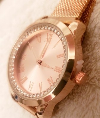 Ladies Accutime Bronz Dial & Strap Rhinestone  Bezel 35mm New Battery Ships Now