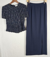 Adrianna Papell Silk 2-Piece Long Skirt Sz 6 Beaded Top Wedding Formal Navy Blue