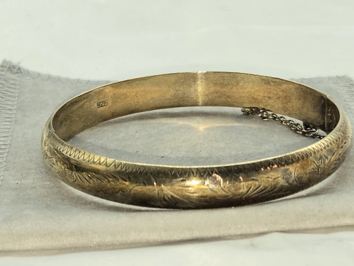 Bracciale vintage 925 tono oro incisione floreale con catena di sicurezza - Foto 2 di 12
