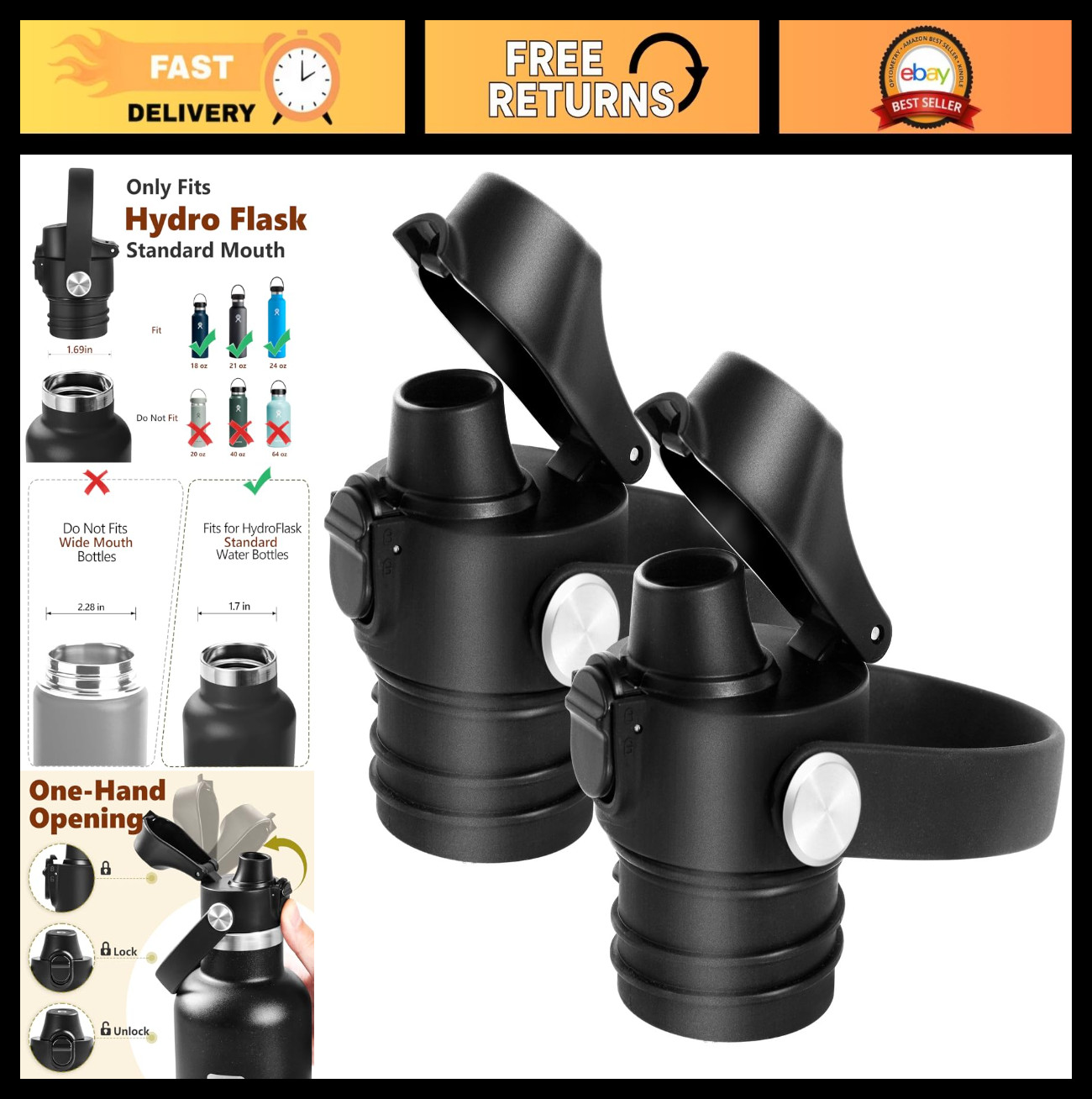 Auto Flip Lid for Standard Mouth Water Bottle, Spout Replace