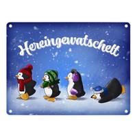Hereingewatschelt Metallschild In 15X20 Cm Mit Vier Niedlichen Pinguinen