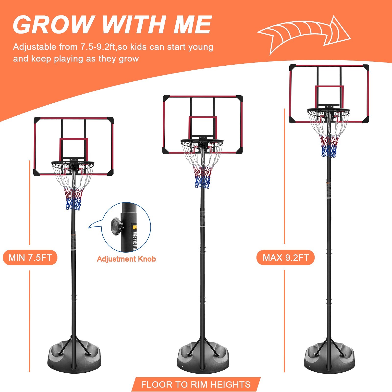 Adjustable Height Portable Basketball Hoop 7.5-9.2Ft Height for Indoor Outdoor