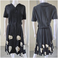VTG 50s Dress Black Full Circle Skirt Lace Pleated Whimsigoth Appliques Romantic