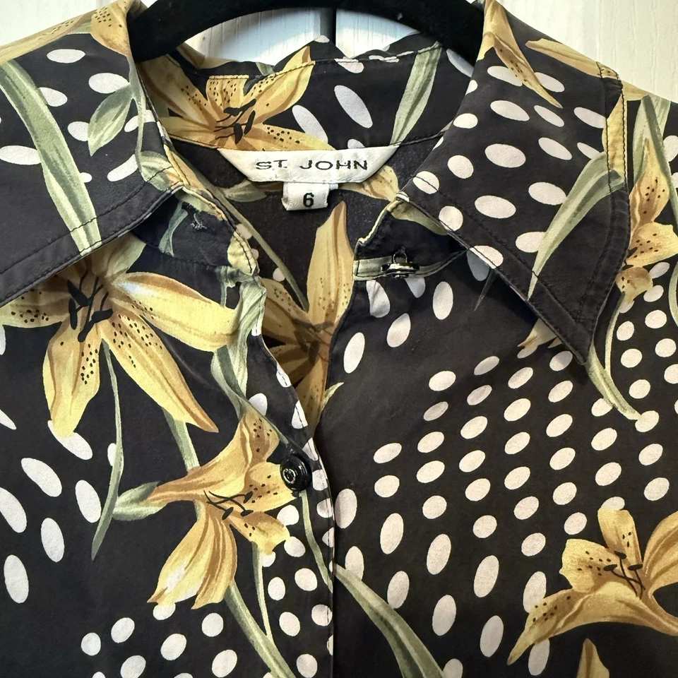 St. John Women’s Designer Vintage Silk Floral Black Yellow Polka Dot Blouse 6 - Image 2 of 4