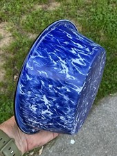 RARE DEEP COBALT BLUE WHITE SWIRL ANTIQUE PUDDING PAN GRANITEWARE OLD ENAMELWARE