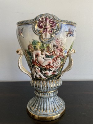 Vintage Capodimonte Italy Porcelain Urn Vase With Cherubs Nymphs Birds