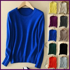 Women Wool Cashmere Blend Sweater Knitted Pullover Crew Neck Sweater Solid Color