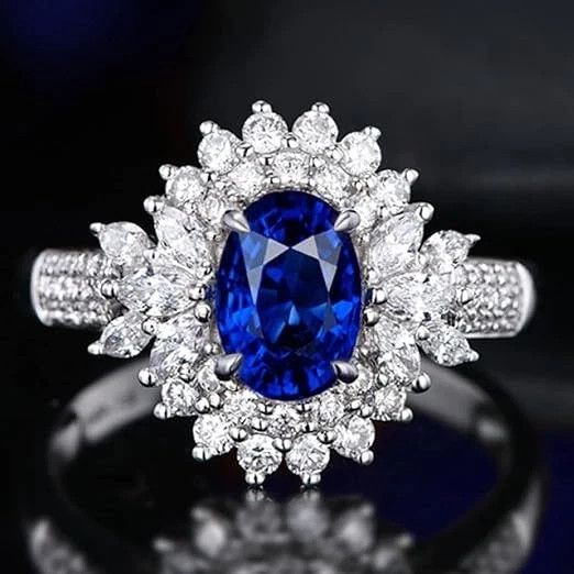 6.00Ct Oval Cut Natural Sapphire & Diamond Solid 14K White Gold Engagement Ring
