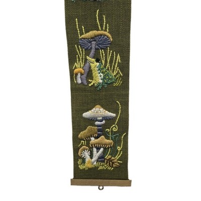 Mushroom Frog Bee Butterfly Vintage Crewel Bell Pull Wall Hanging Kitsch MCM 40''