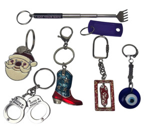 Lot of 5 Keychains Cowboy Boot Flip Flop Evil Eye Santa Handcuffs Back Scratcher