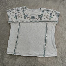 J.Jill PureJill XL Embroidered Round Neck Tee Boxy Short Sleeve Blue Boho Beachy
