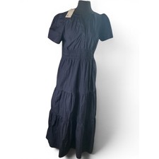 Quince Navy Blue Cotton Tiered Maxi Dress Smocked Waist Puff Sleeve New Tag
