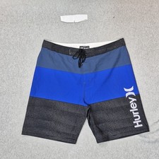 Hurley Men Swimwear 33 Blue Board Shorts Striped Activewear 8" Inseam