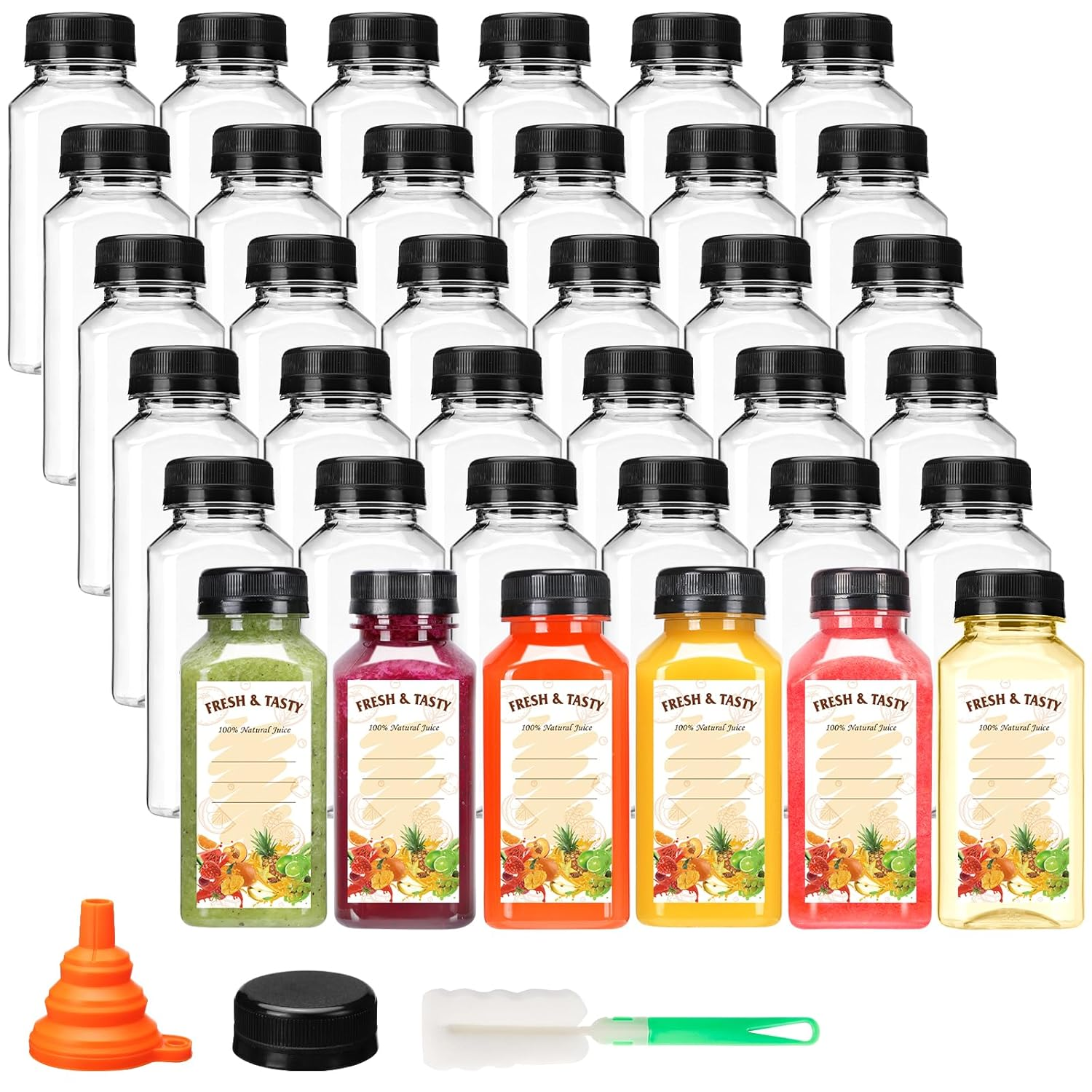 36Pcs 8Oz Juice Bottles with Lids, Food Grade Reusable Clear Containers with Bla